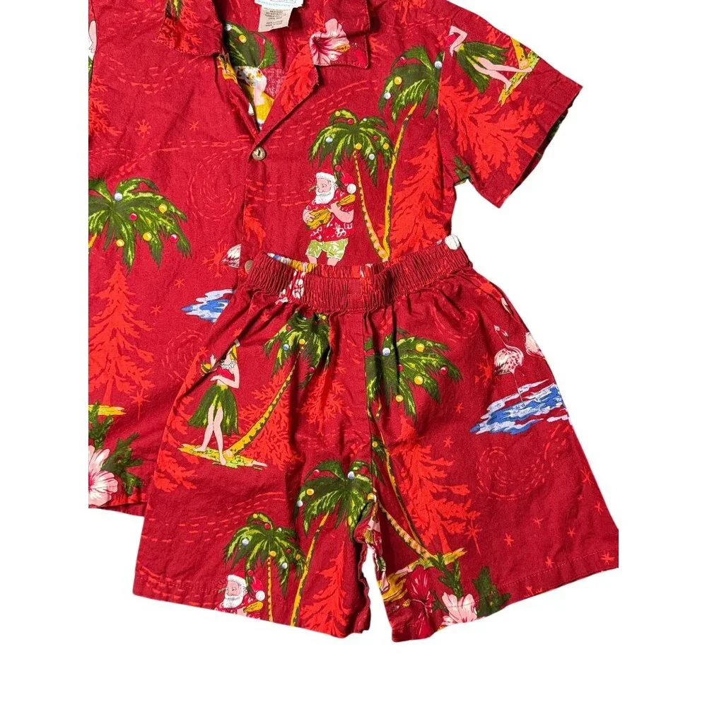 Hawaii Hangover Boys Red Hawaiian Shirt & Shorts Set Santa Floral Holiday Size 4